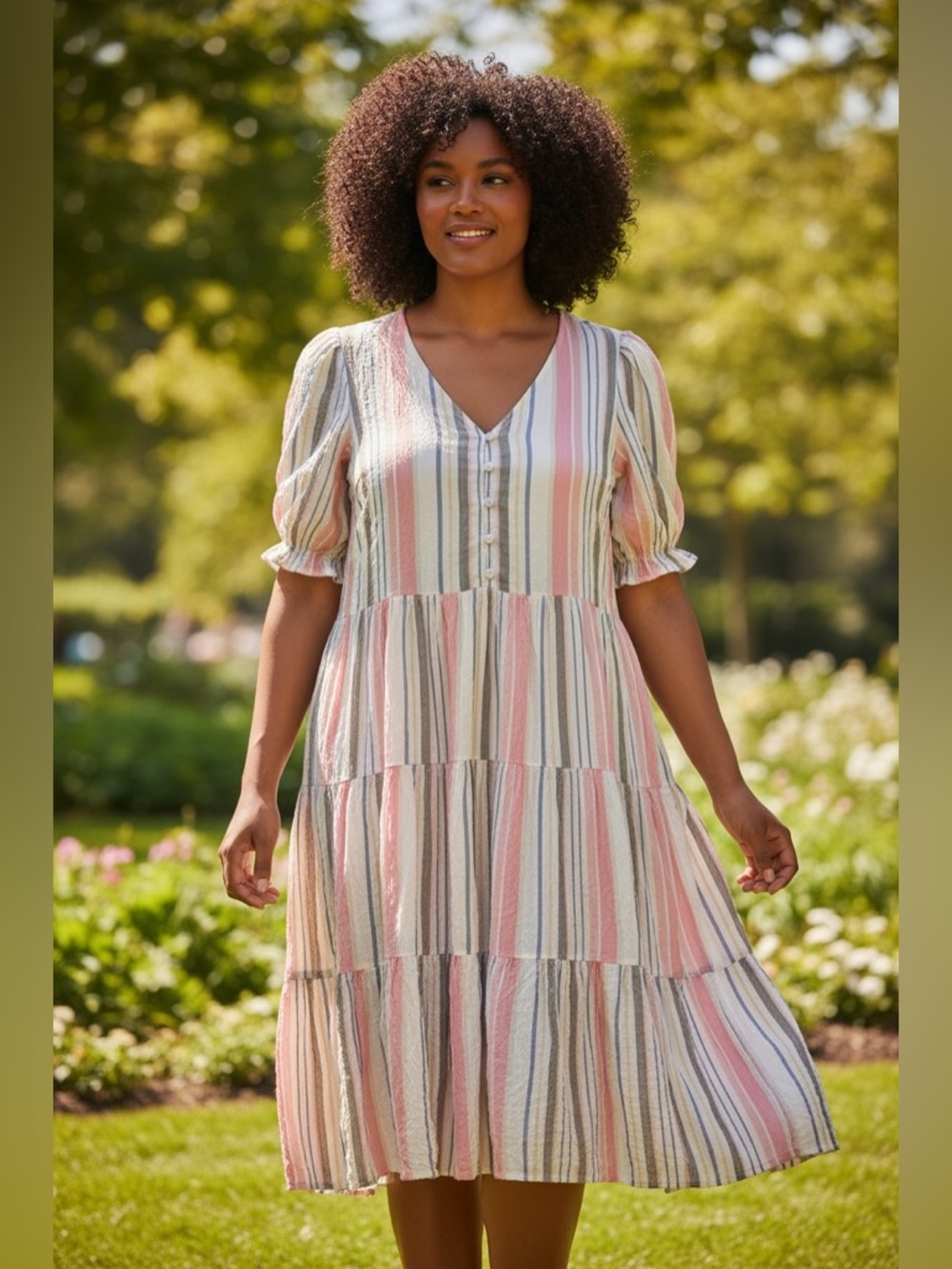 dip Pastel Striped Tiered Midi Dress - Pink, Blue, Yellow